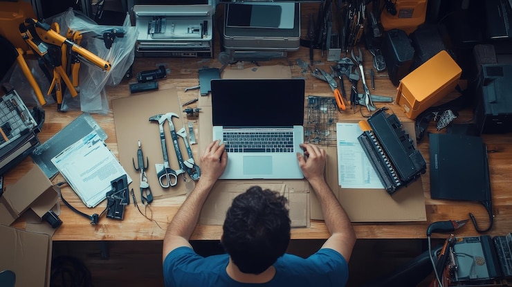 Foto una persona que trabaja en una computadora portátil rodeada de herramientas y equipos en un entorno de taller