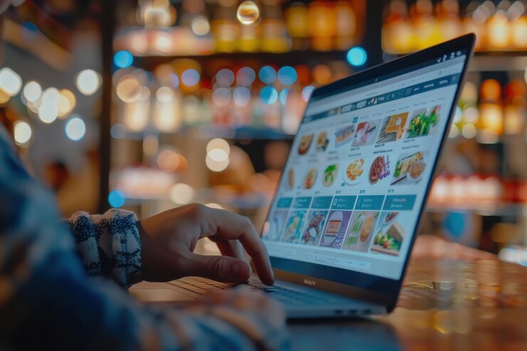 Persona que trabaja en una computadora portátil con superposiciones de interfaz digital en un espacio de trabajo creativo que destaca la tecnología y la innovación