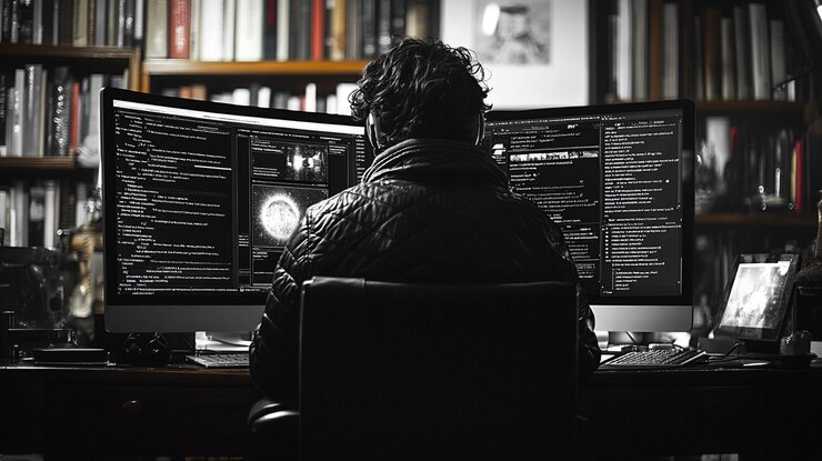 Foto persona que trabaja en dos pantallas de computadora en una oficina en casa rodeada de estanterías