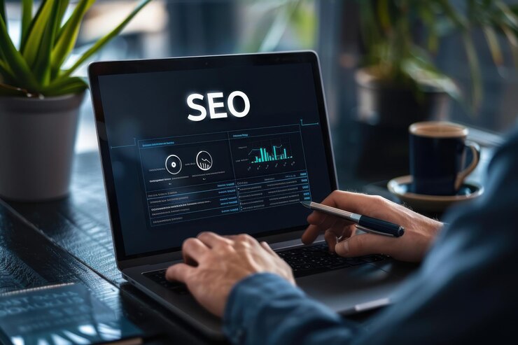 Persona que trabaja en la estrategia de SEO en una computadora portátil analizando datos y optimizando el rendimiento del sitio web en un entorno profesional