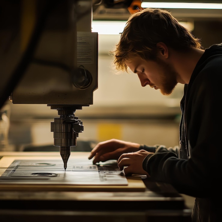 Foto una persona que trabaja con una máquina cnc