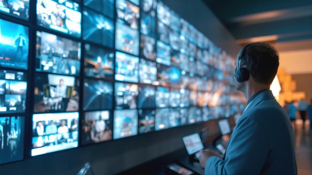 Persona que usa auriculares viendo múltiples pantallas de alta tecnología que muestran varias imágenes y datos en una sala de control o centro de datos con poca luz