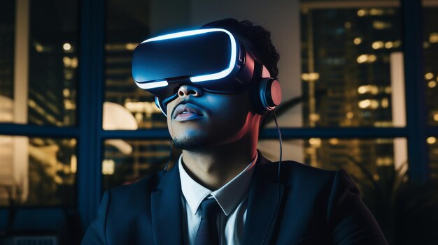 Persona que usa auriculares VR para la clave del panel financiero Ai generativo