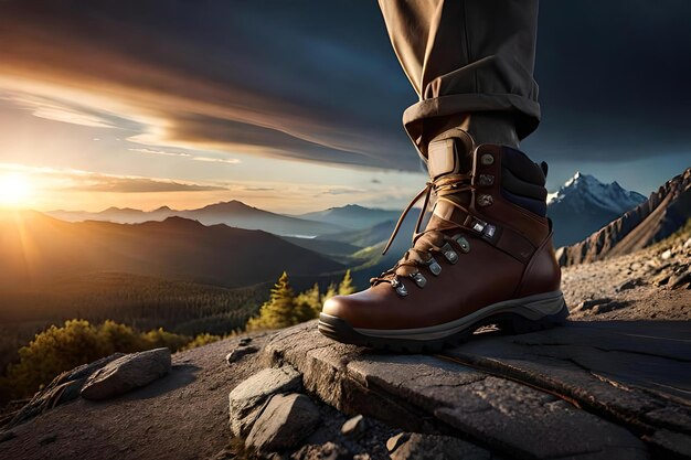 Una persona que usa botas de montaña se para en una roca frente a una  puesta de sol