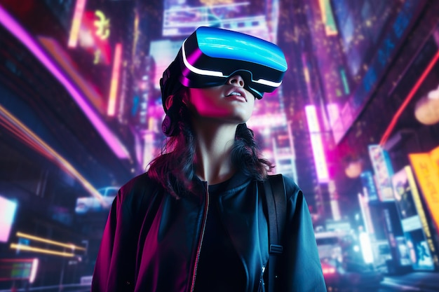 Una persona que usa un casco de realidad virtual explorando el mundo metaverso de la ciudad del futuro.