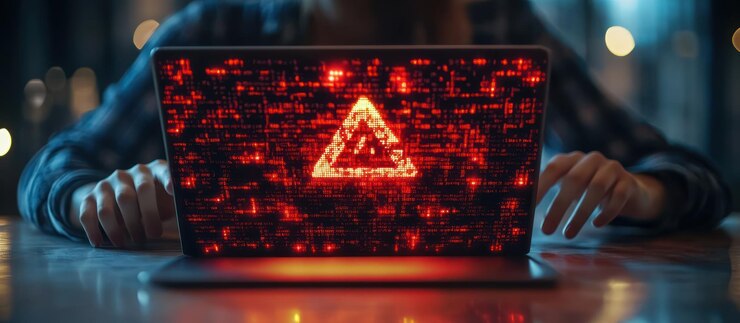 Foto persona que usa una computadora portátil con una señal de advertencia en una habitación oscura con luces borrosas