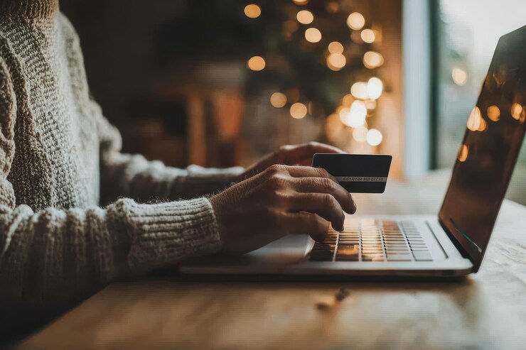 Persona que usa una computadora portátil con una tarjeta de crédito