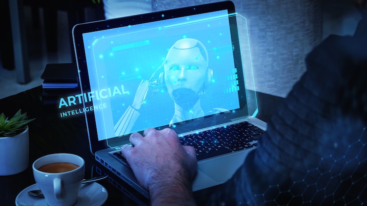 Foto persona que usa una computadora portátil usando inteligencia artificial para generar imágenes