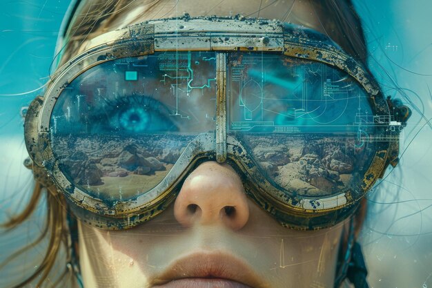 Foto persona que usa gafas de alta tecnología que reflejan una tecnología futurista y paisajes surrealistas