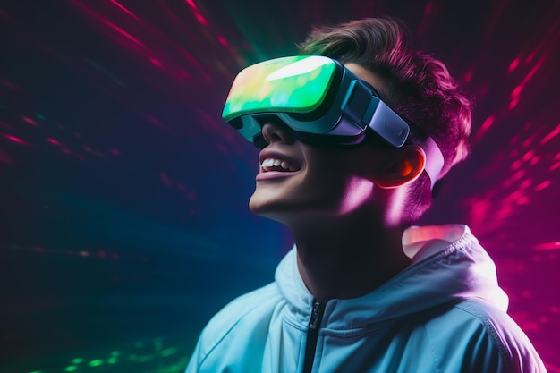 Persona que usa gafas de auriculares de realidad virtual VR para juegos y educación