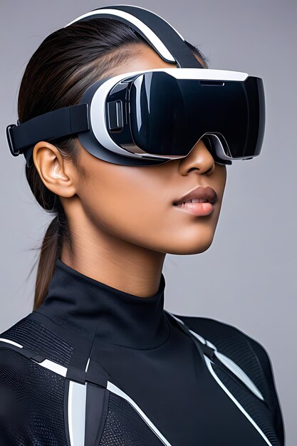 Foto persona que usa gafas futuristas de realidad virtual de alta tecnología