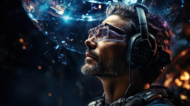 Una persona que usa gafas de realidad aumentada e interactúa con el mundo del arte 3D