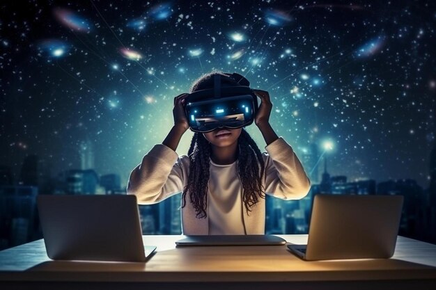 una persona que usa gafas de realidad virtual está mirando una computadora portátil