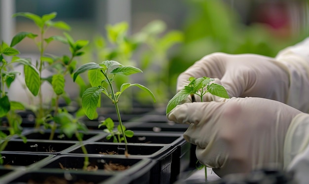 una persona que usa guantes que está usando guantes que dicen planta