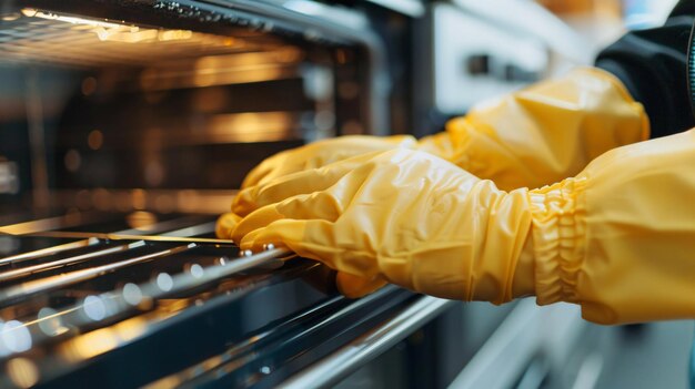 Foto una persona que usa guantes que están en una cocina