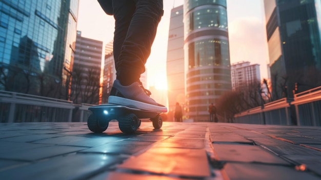 Una persona que usa un hoverboard para viajar por una ciudad