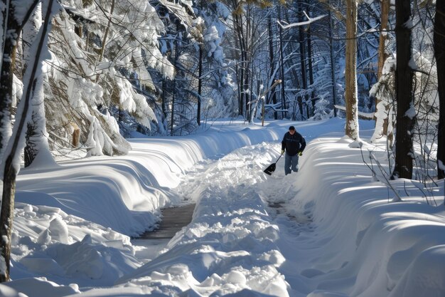 Una persona que usa una pala de nieve para limpiar la nieve de un camino después de una tormenta de invierno