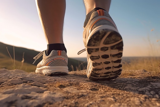 Una persona que usa un par de zapatos para correr camina sobre una montaña.