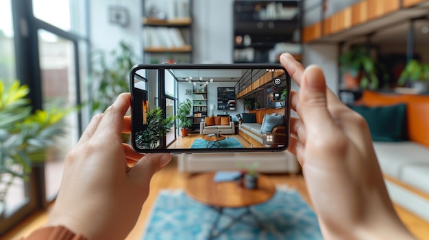 Foto una persona que usa realidad aumentada para visualizar muebles en su sala de estar antes de comprar en