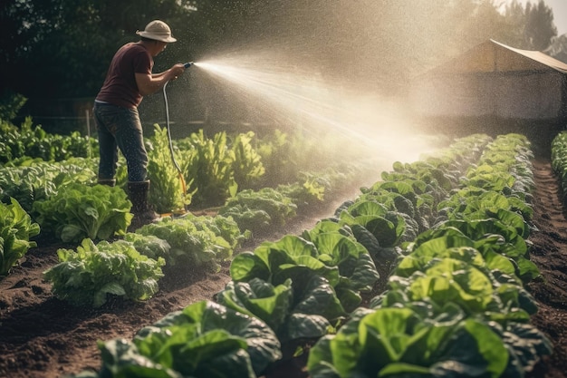 Persona que usa el rociador de agua para regar la IA generativa de la huerta