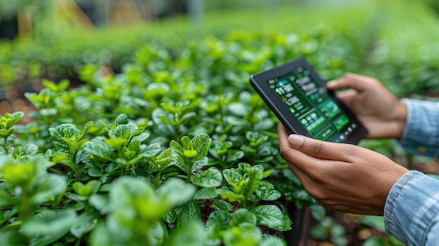 una persona que usa una tableta digital con una tableta virtual que dice alimentos orgánicos