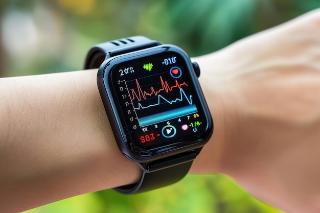 Una persona que usa tecnología de salud como un reloj inteligente que monitorea los signos vitales durante el ejercicio