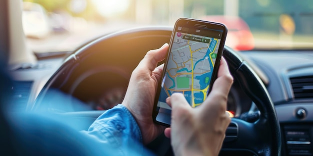 Una persona que usa un teléfono inteligente para navegar con GPS mientras conduce