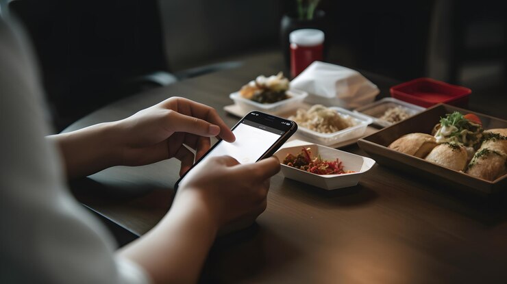 Una persona que usa un teléfono inteligente en un restaurante.