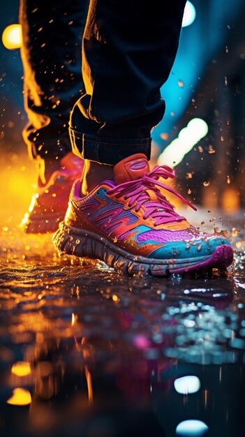 Foto una persona que usa zapatos para correr de colores y rai aigenerated