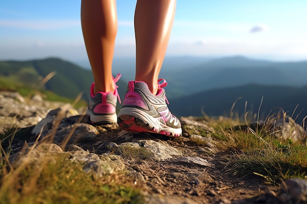 Una persona que usa zapatos para correr se encuentra en la cima de una montaña.