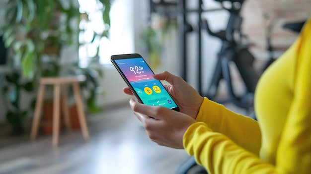Persona que utiliza una aplicación de fitness mientras hace ejercicio en el interior