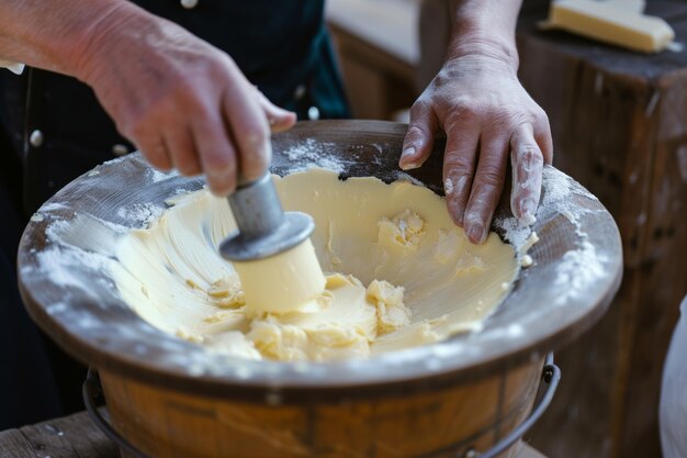 Foto persona que utiliza el batido tradicional para hacer mantequilla