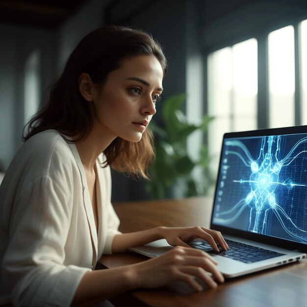 Foto una persona que utiliza una computadora portátil en el trabajo