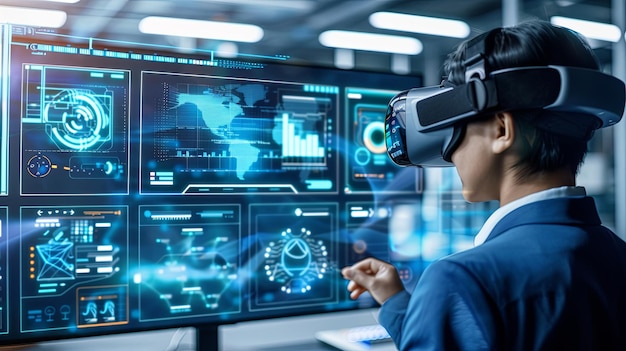 una persona que utiliza googles de realidad virtual y realidad aumentada