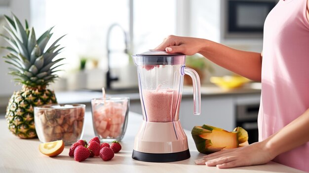 Foto persona que utiliza una licuadora para hacer un batido con frutas frescas como la piña y el mango, lo que sugiere centrarse en la salud y la nutrición