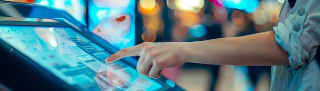 Persona que utiliza un quiosco de pantalla táctil en un entorno bien iluminado que utiliza la tecnología para la navegación