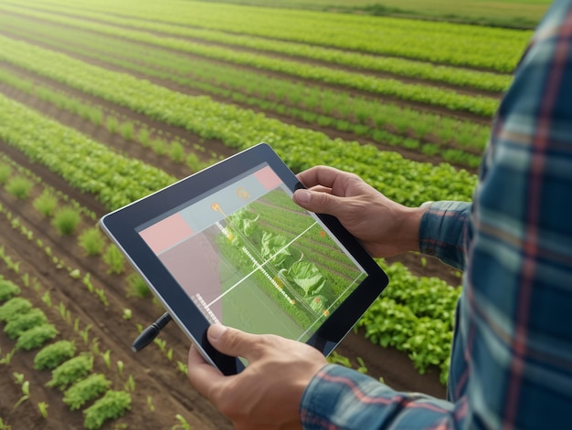 Foto una persona que utiliza una tableta para comprobar la temperatura de una granja.