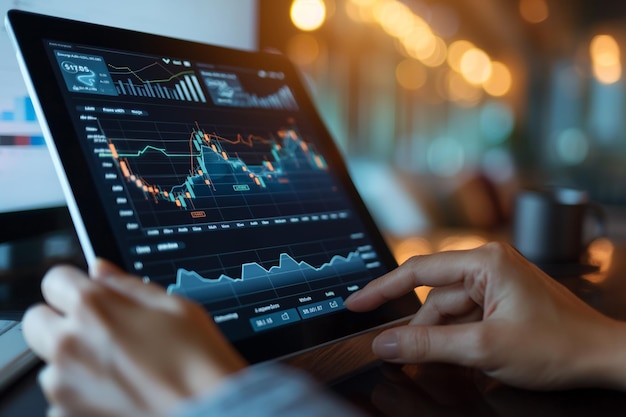 Una persona que utiliza una tableta digital para administrar su cartera de inversiones diversificadasUna persona está utilizando la