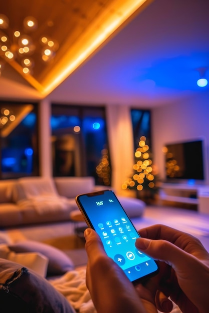 Persona que utiliza un teléfono inteligente para controlar las luces del hogar inteligente con el fondo del árbol de Navidad