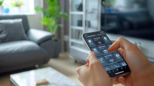 Persona que utiliza el teléfono inteligente para controlar remotamente las características y los electrodomésticos del hogar inteligente