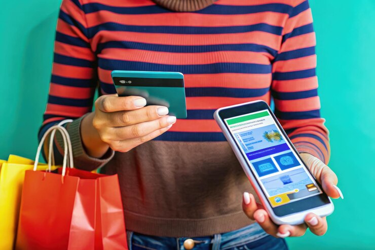 Foto persona que utiliza un teléfono inteligente y una tarjeta de crédito para pagos digitales mientras hace compras ia generativa