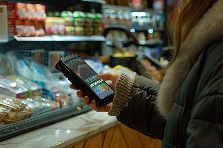Foto persona que utiliza el teléfono para pagar en la tienda
