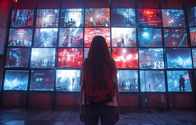 una persona que ve múltiples pantallas de televisión que forman una pared de video con imágenes multimedia