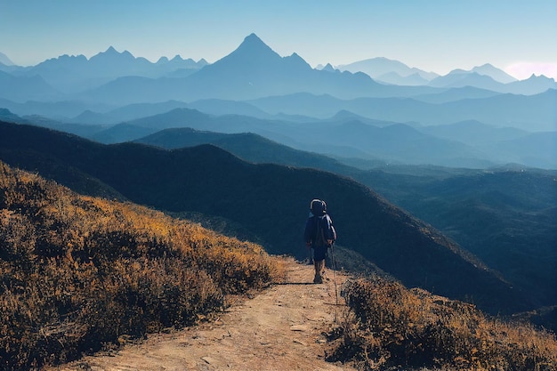 La persona que viaja de senderismo deambula por la carretera hacia montañas pintorescas