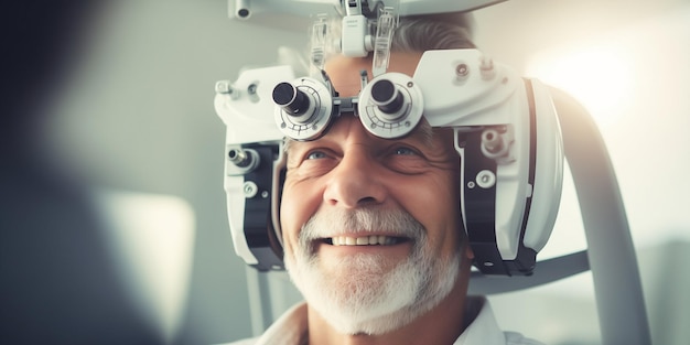 Persona que visita al oftalmólogo para un examen ocular utilizando la máquina phoropter