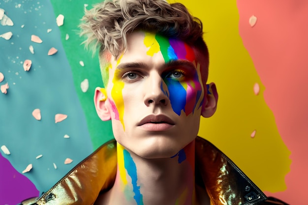Persona queer con maquillaje de color en la cara en un fondo de color IA generativa