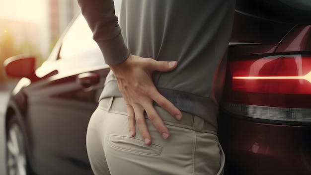 Foto una persona se queja de dolor de espalda después de un accidente automovilístico