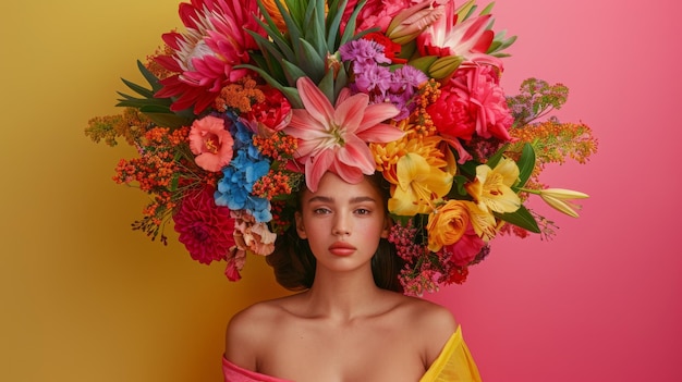 Una persona con un ramo de flores multicolores en la cabeza