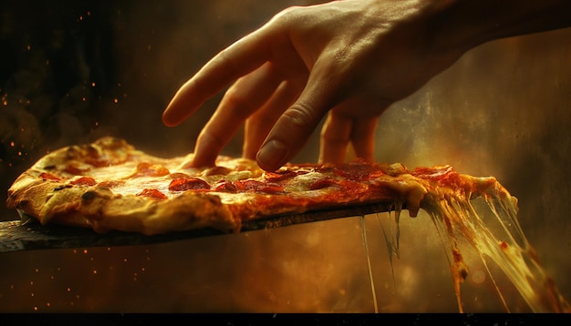 Foto una persona recibiendo una pieza de un delicioso fondo de pizza con queso