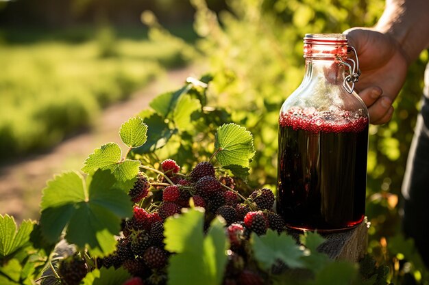 Foto una persona recogiendo bayas frescas en un campo con una botella de jugo de bayas mezclado cerca